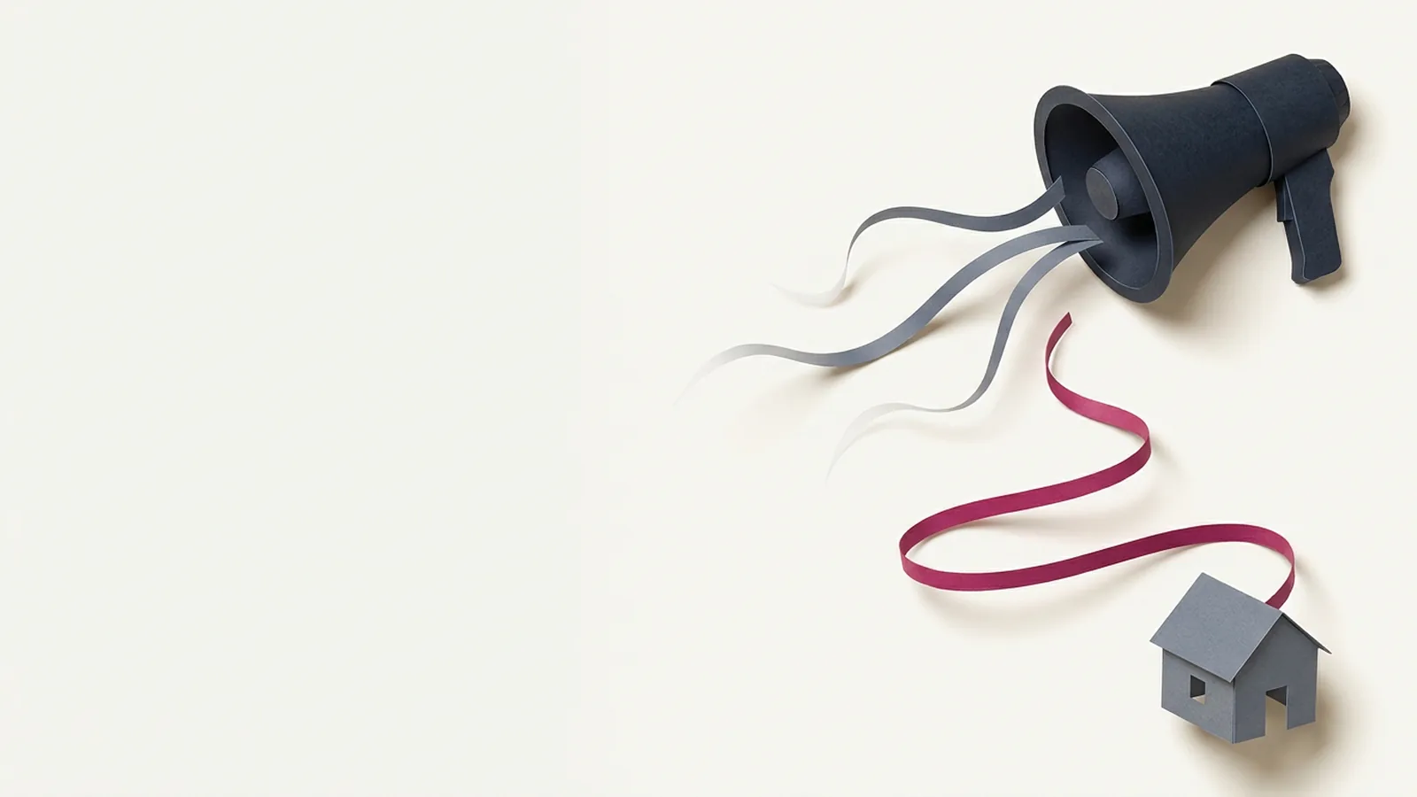 Paper-craft illustration: a black megaphone sends out several grey paper strips that drift and fade, while a single pink strip winds all the way down to a small house